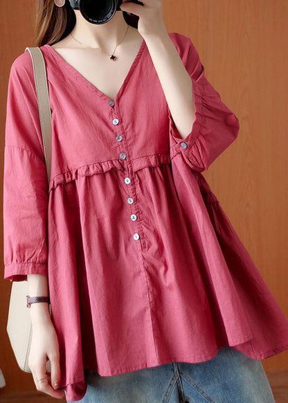 Rose V Neck Button Asymmetrical Design Ruffled Fall Shirt Half Sleeve