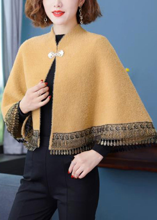 Yellow Stand Collar Tasseled Pockets Patchwork Mink Velvet Coats Fall