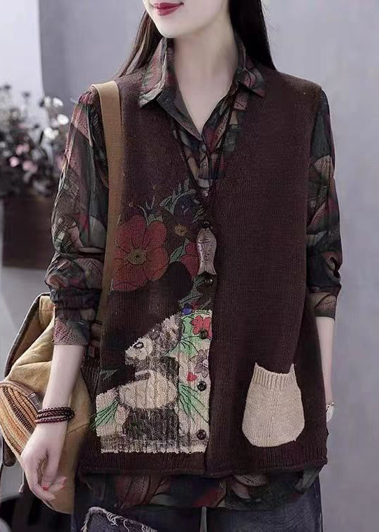 Khaki V Neck Print Button Cotton Knit Waistcoat Sleeveless