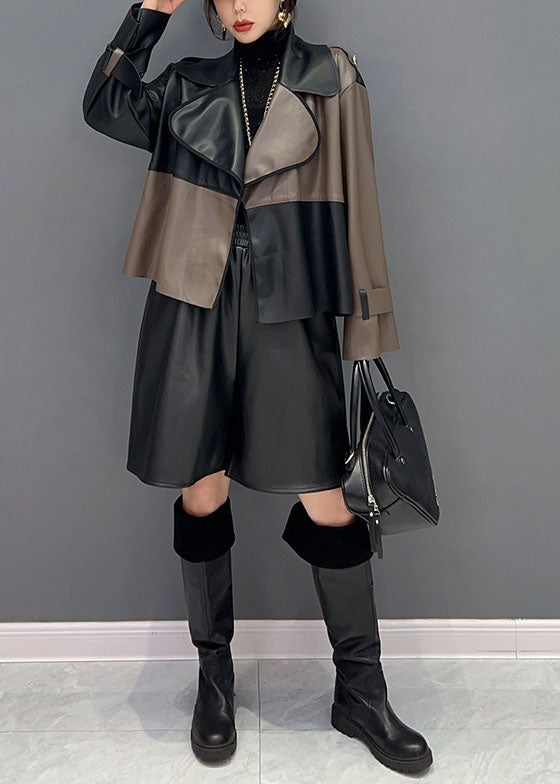 Unique Colorblock Notched Patchwork Faux Leather Coat Spring