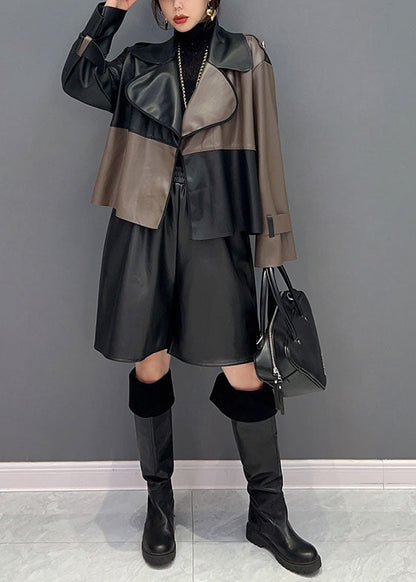 Unique Colorblock Notched Patchwork Faux Leather Coat Spring