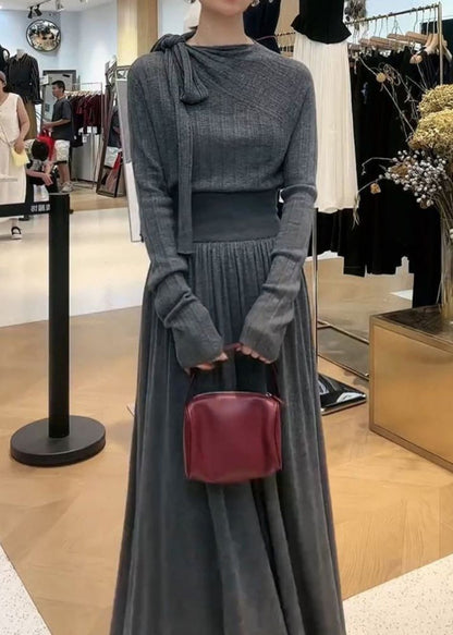 Stylish Grey Neck Knit Top and Maxi Skirts Two Pieces Set Winter