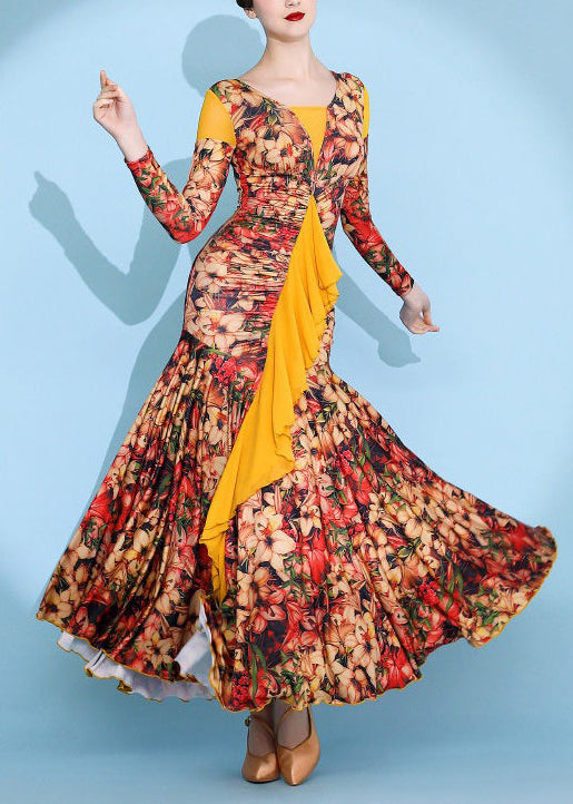 Yellow Wrinkled Print Patchwork Cotton Long Dress Spring