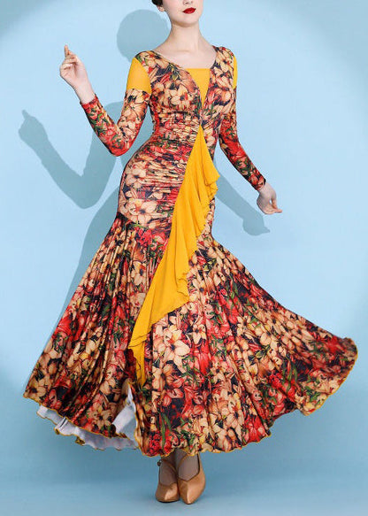 Yellow Wrinkled Print Patchwork Cotton Long Dress Spring