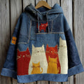 Comstylish Vintage Patchwork Lovely Cute Colorful Cat Inspired Washed Hoodie