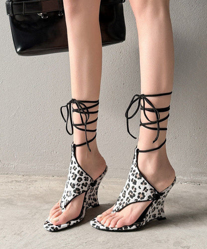 Brown Lace Up Splicing Suede Flip Flops Wedge Sandals