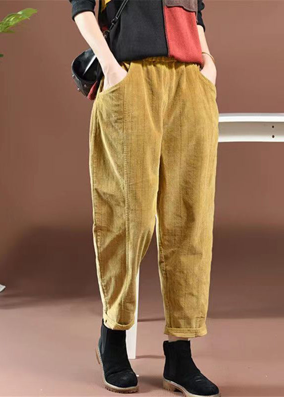Yellow Pockets Elastic Waist Corduroy Pants Spring