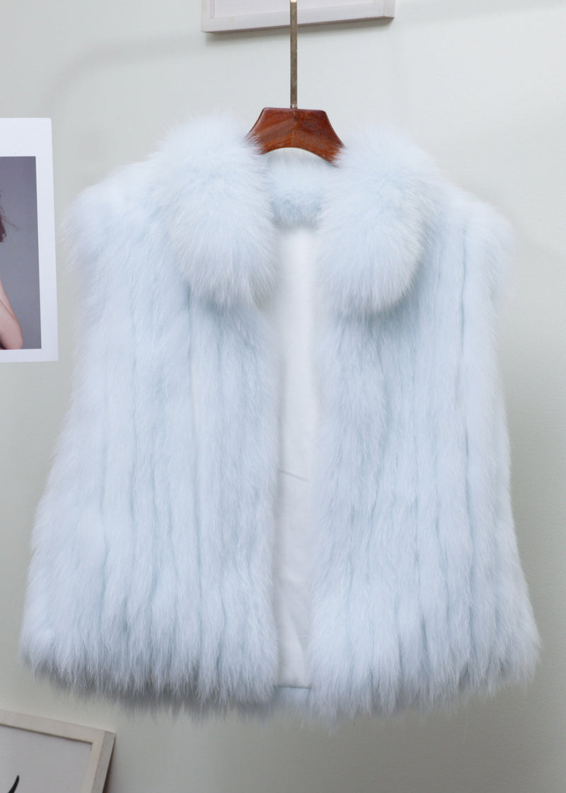 Fine Light Blue Stand Collar Leather and Fur Waistcoat Sleeveless