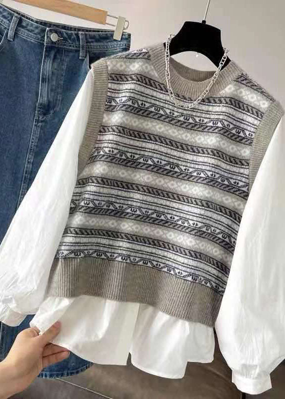 Handmade Blackish Green O-neck Print Patchwork Knit Tops Fall