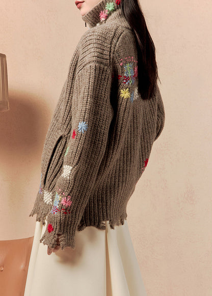 Coffee Zip Up Hole Pockets Cotton Knit Coats Winter