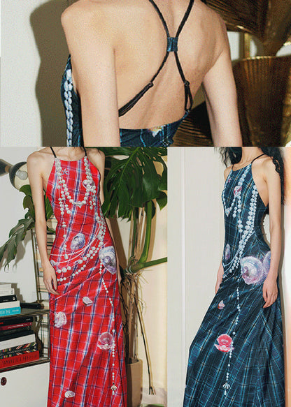Red Pearl Print Silm Fit Holiday Dress Backless Summer