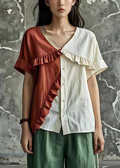 Natural White Ruffled Patchwork Linen Shirt Summer