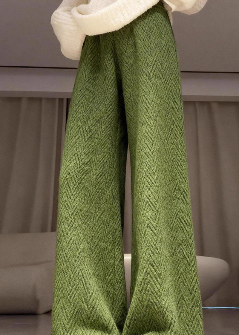 Green Elastic Waist Warm Fleece Straight Pants Spring