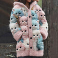 Comstylish Colorful Fuzzy Cats Cozy Knit Hooded Cardigan