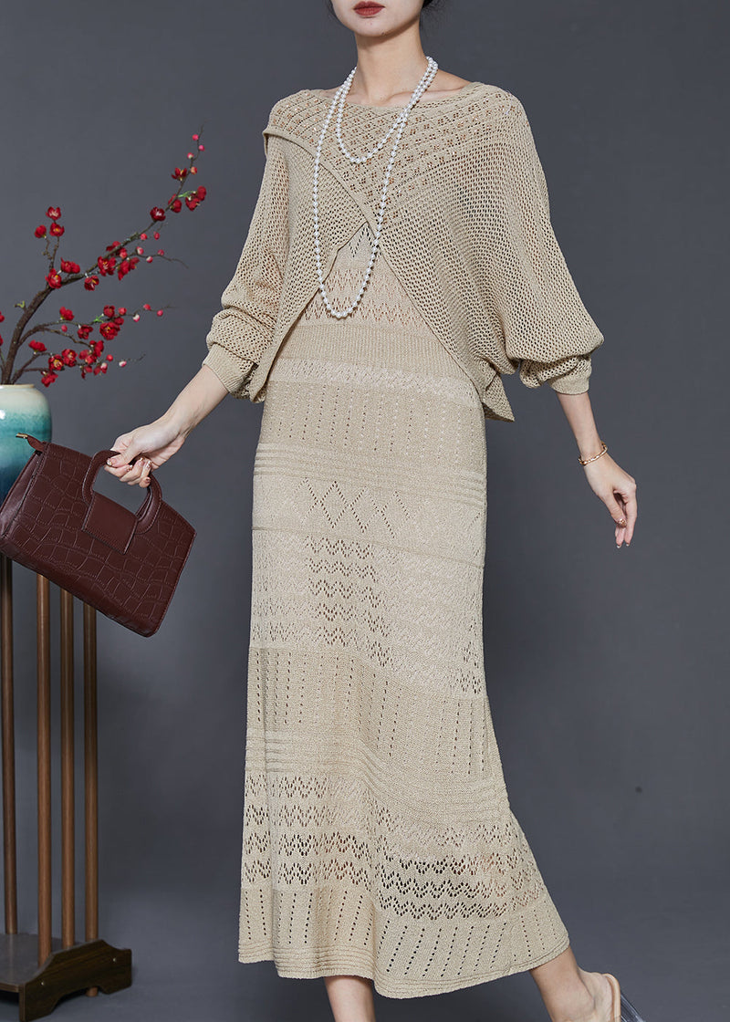 Khaki Hollow Out Knit Dress Two-piece Set Spring