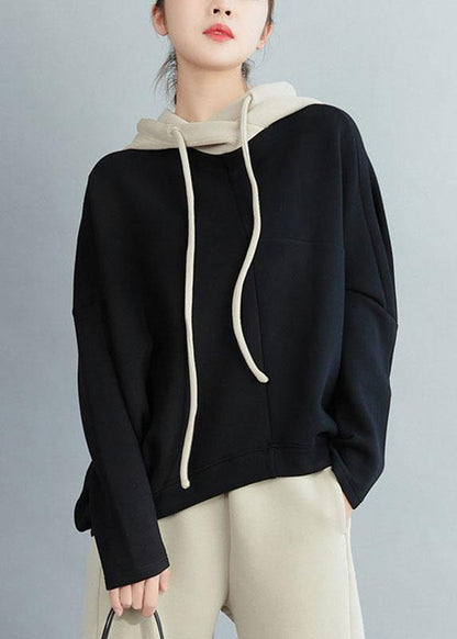 Black Loose Hooded Patchwork Fall Drawstring Sweatshirts Top