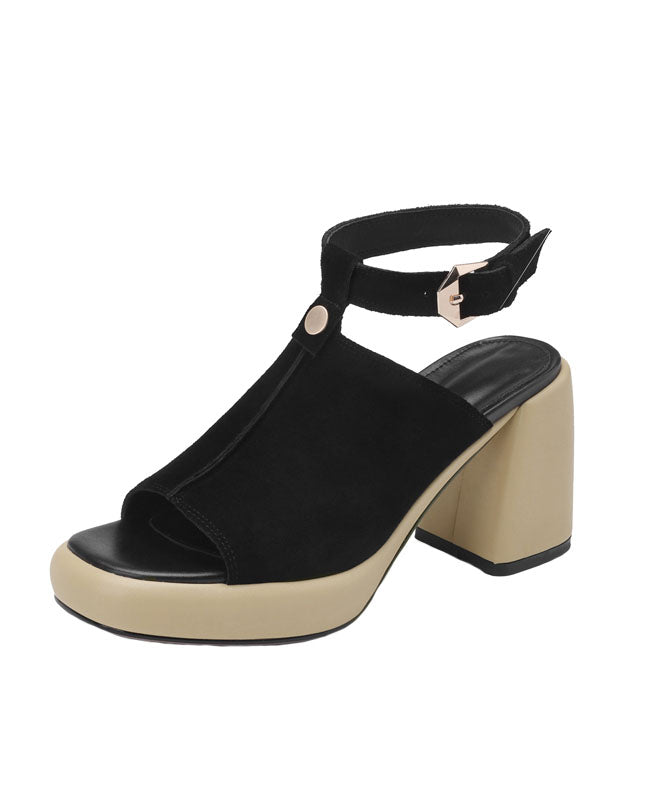 Black Peep Toe Buckle Strap Splicing Suede Chunky High Heels Sandals