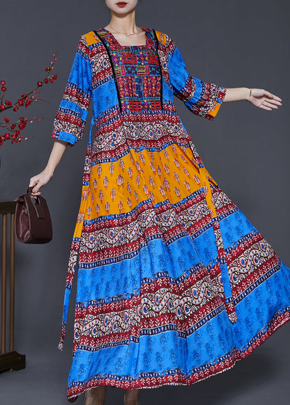 Peacock Blue Print Exra Large Hem Silk Dresses Summer