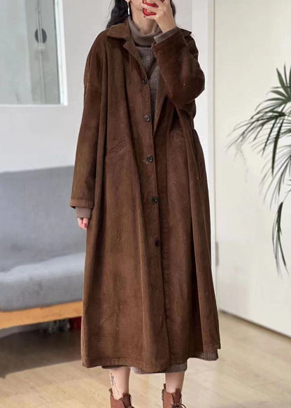 New Caramel Button Pockets Corduroy Long Trench Coat Long Sleeve