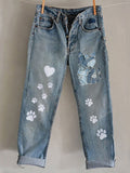 Comstylish Funny Animal Embroidered Print Jeans