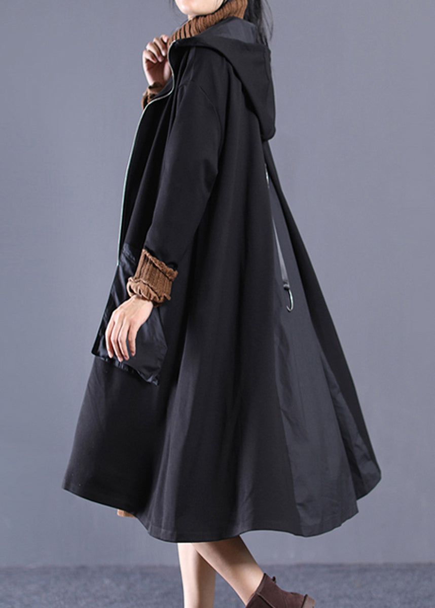 Black Patchwork Zippered Long Hoodie Trench Coat Long Sleeve
