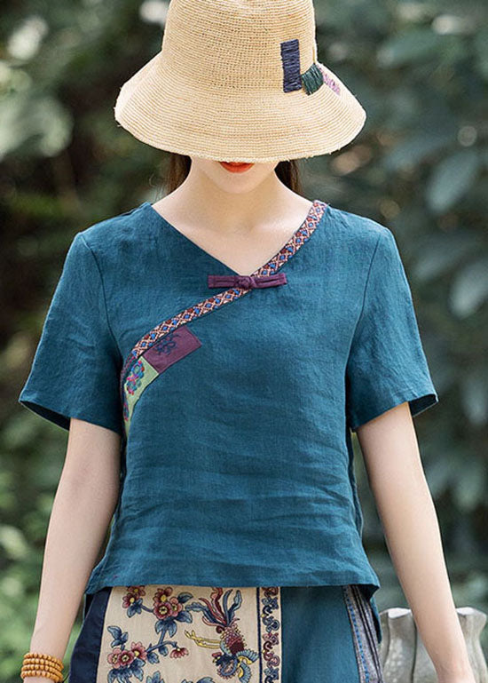 Peacock Blue Button V Neck Embroideried Linen Shirt Top Spring