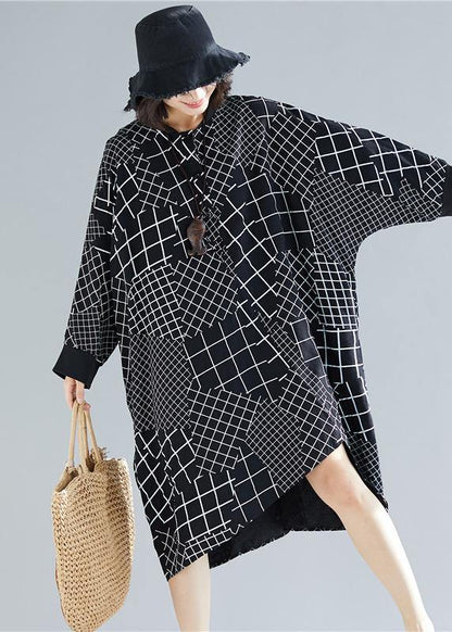 Vivid Black Plaid Quilting Dresses O Neck Asymmetric Robe Spring Dress