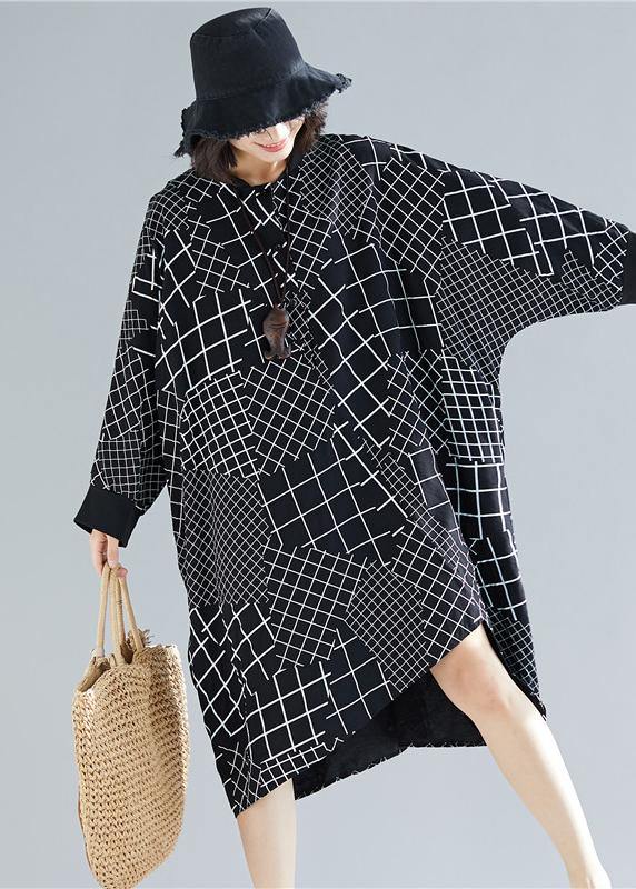 Vivid Black Plaid Quilting Dresses O Neck Asymmetric Robe Spring Dress
