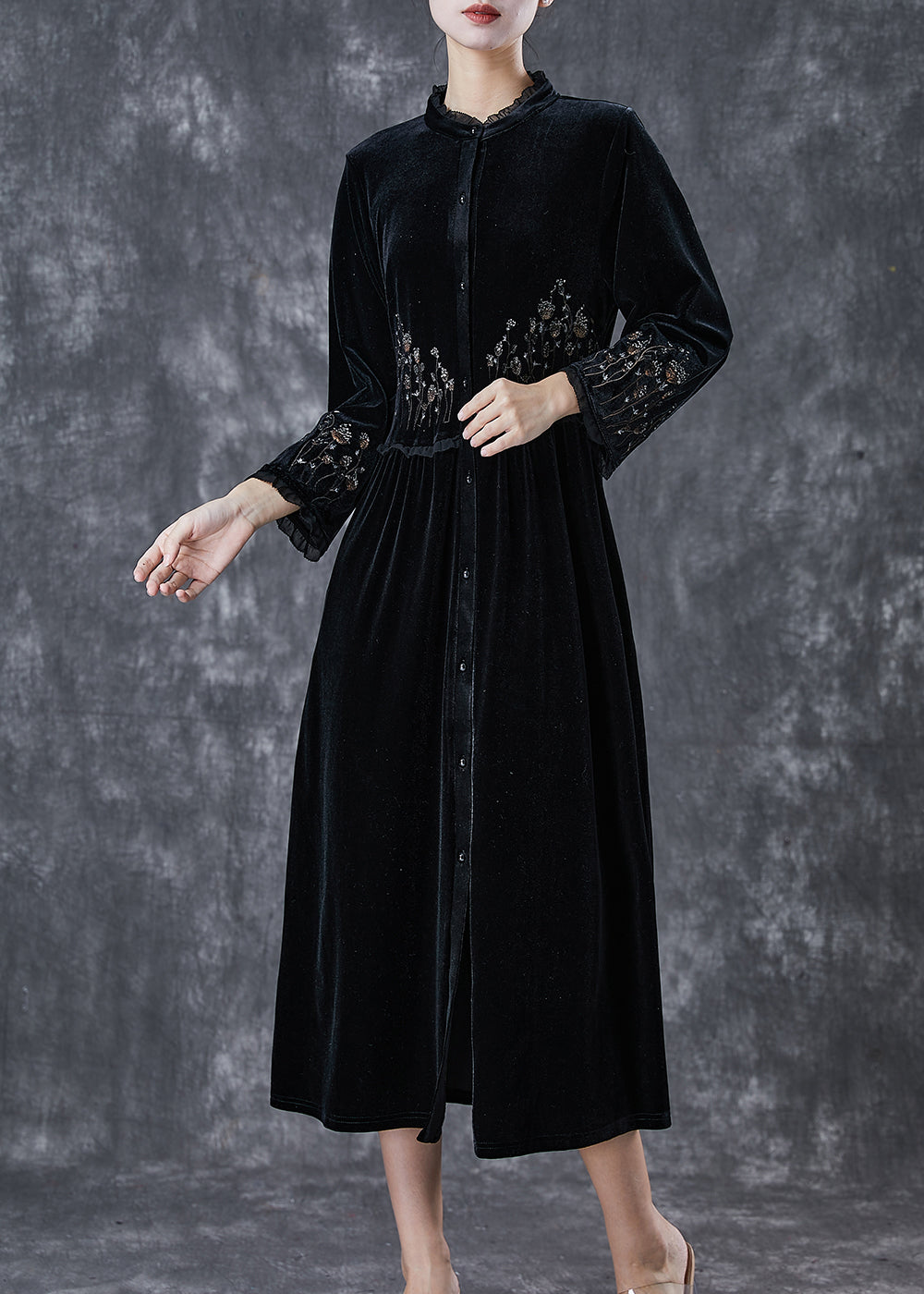 Black Embroideried Ruffled Silk Velour Dress Spring