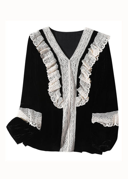Black V Neck Lace Patchwork Silk Velour Top Spring