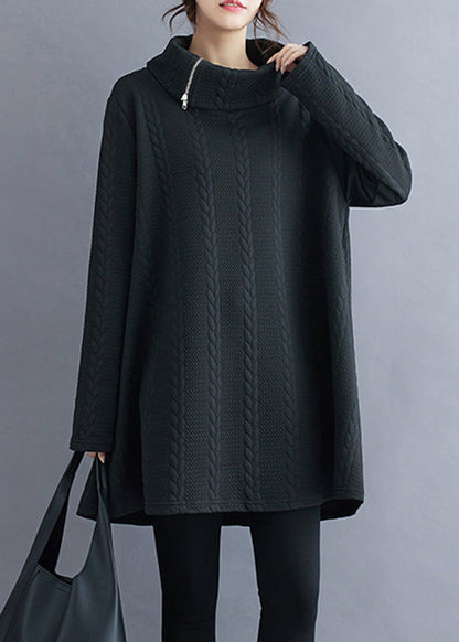 Black Zip Up Patchwork Cotton Top Long Sleeve