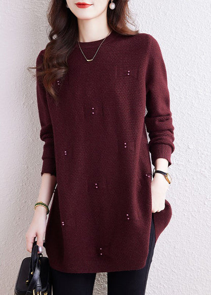 Natural Coffee O-neck Nail Bead Cotton Knit Sweaters Winter