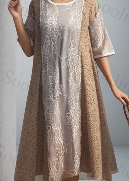 French Khaki O Neck Print Patchwork Silk Dress Summer