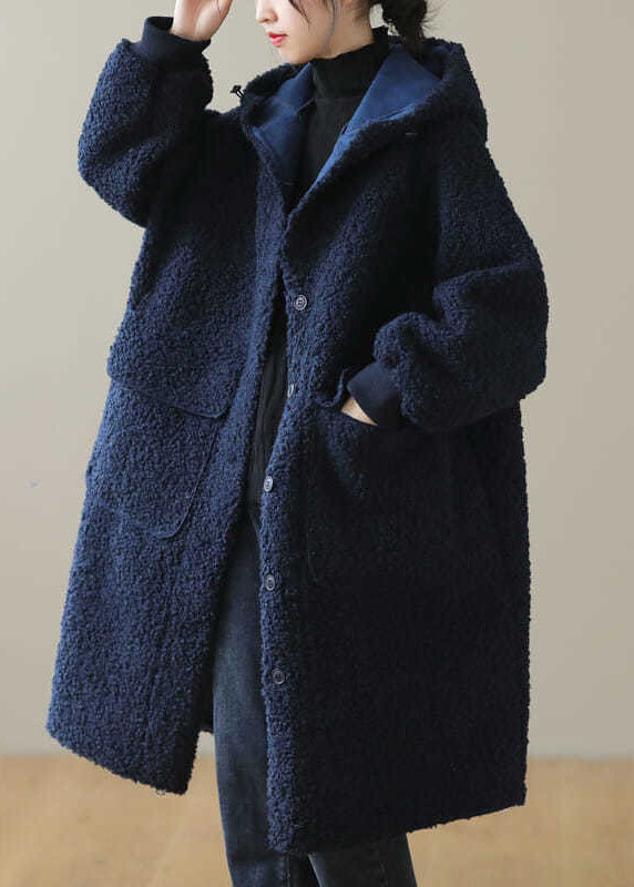 Coffee Button Pockets Warm Faux Fur Hooded Coat Long Sleeve