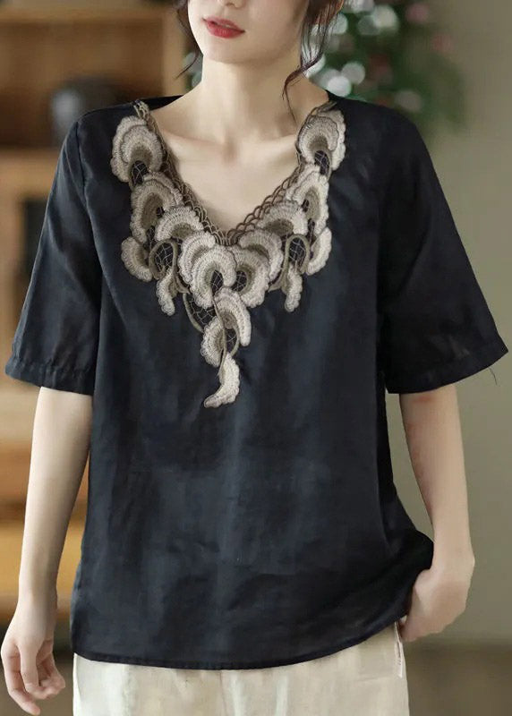 Black V Neck Embroidered Linen Shirts