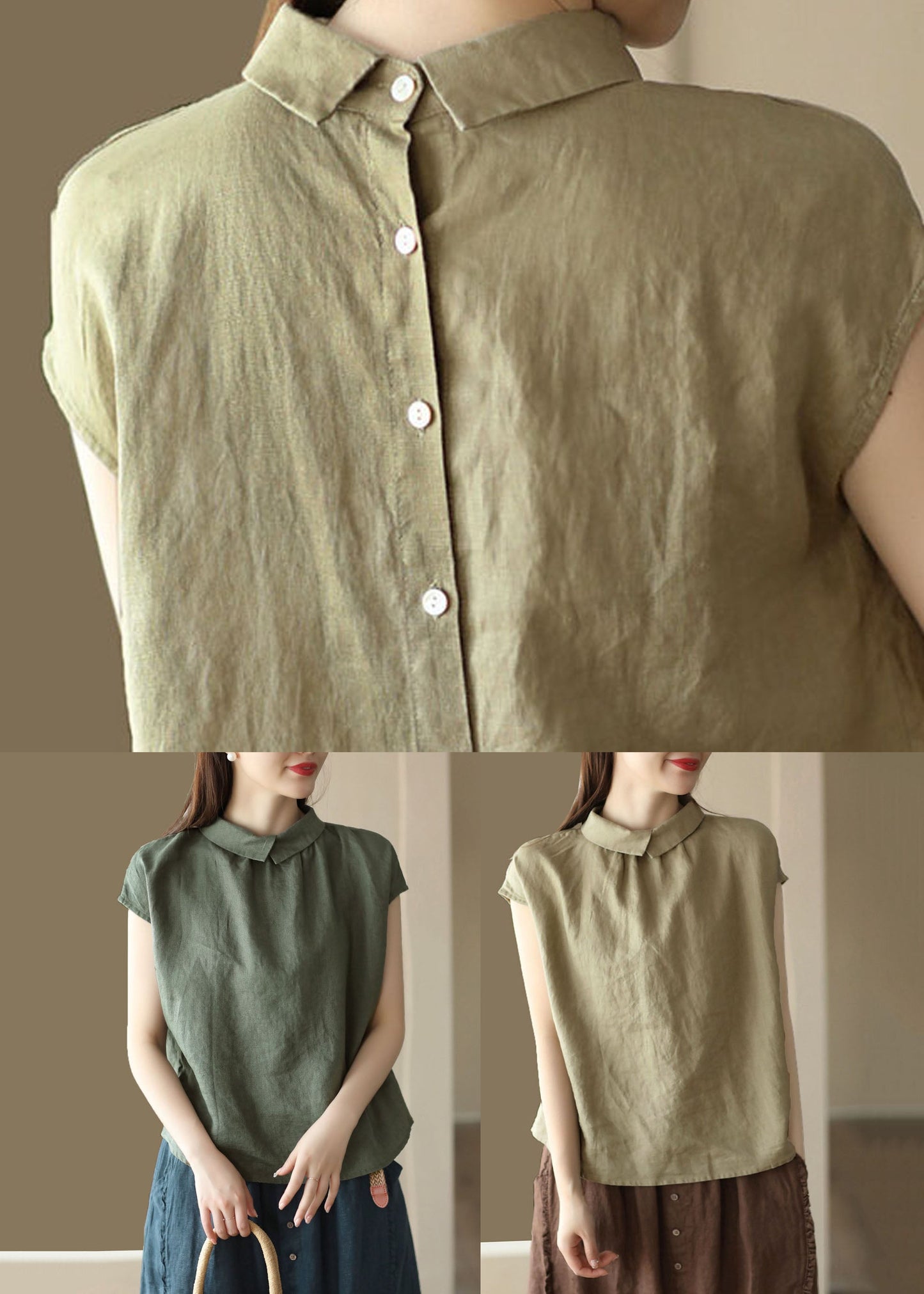 Khaki Patchwork Linen Shirts Wear on Both Sides Button Summer