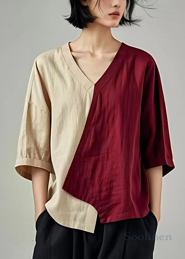 Wine Red V Neck Asymmetrical Linen Top Batwing Sleeve