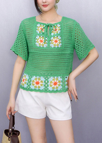 Green Square Collar Tie Lace Knit Top Summer