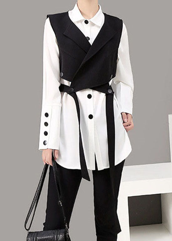 Loose Black Peter Pan Collar Button Shirt Vest Two Piece Suit Set Spring