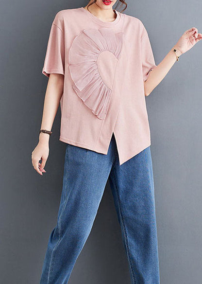Pink O Neck Wrinkled Patchwork Cotton T Shirt Top Summer