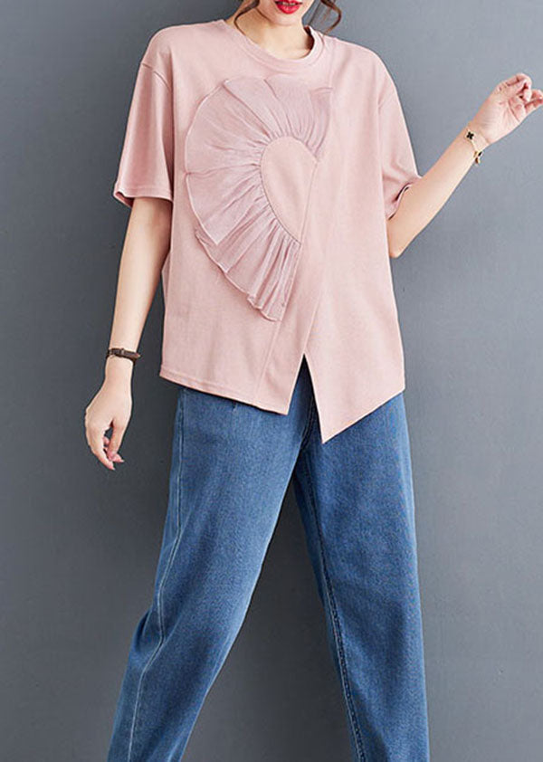 Pink O Neck Wrinkled Patchwork Cotton T Shirt Top Summer