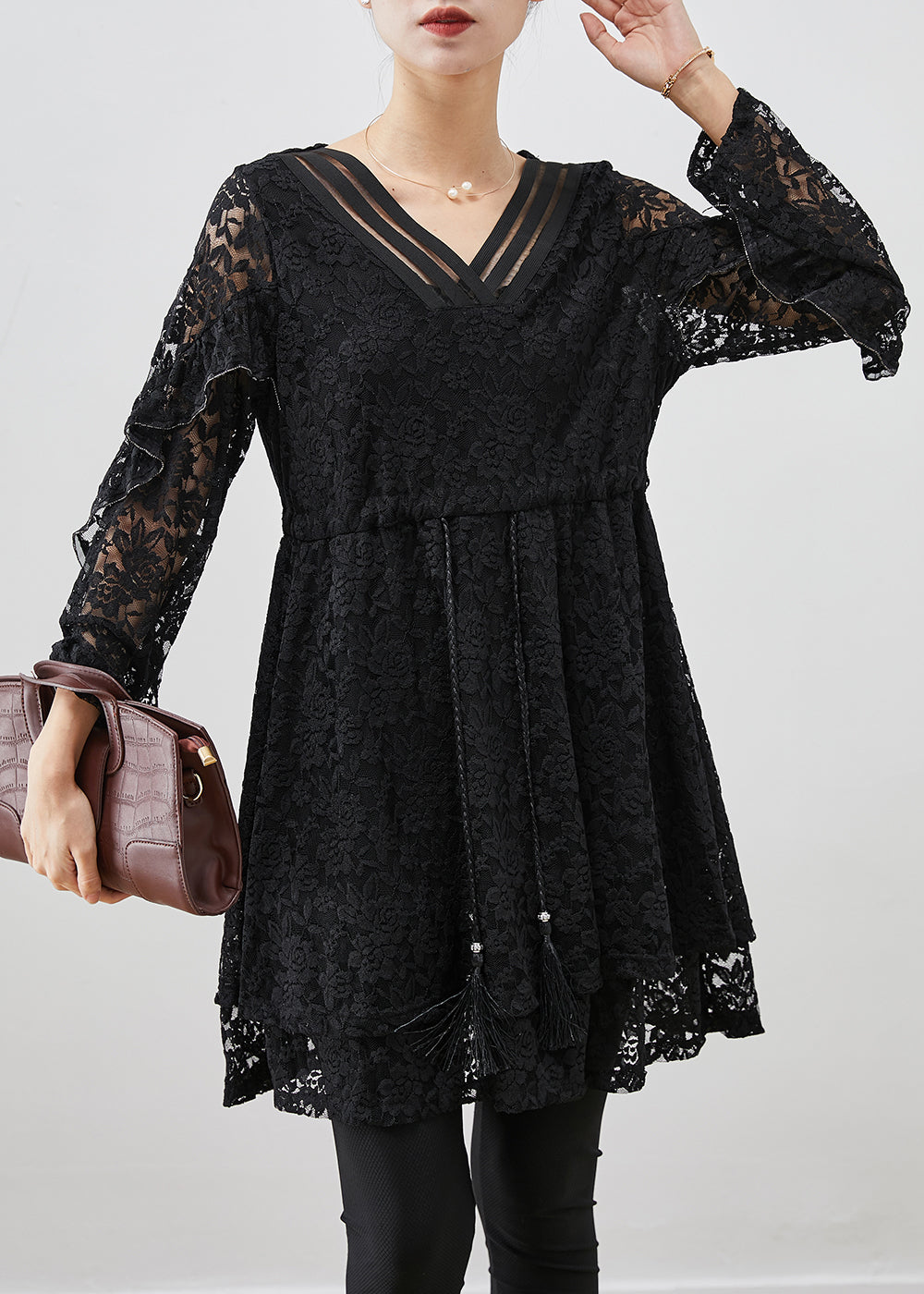 Black Silm Fit Lace a Line Dress Tie Waist Fall