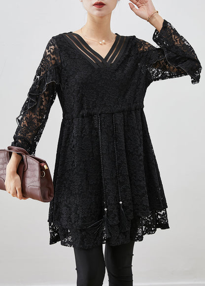 Black Silm Fit Lace a Line Dress Tie Waist Fall