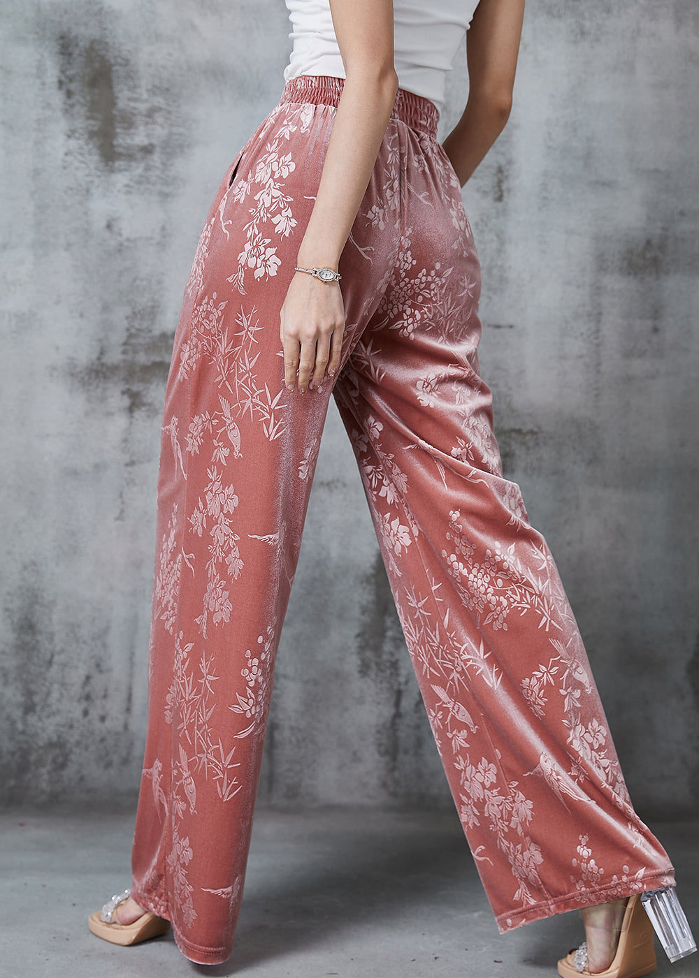Pink Jacquard Silk Velvet Straight Pants Spring