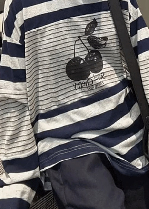 Striped Print Patchwork Cotton T Shirt Tops Fall