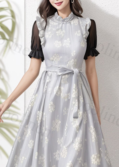 Art Grey Ruffled Tie Waist Silk Long Dresses Summer