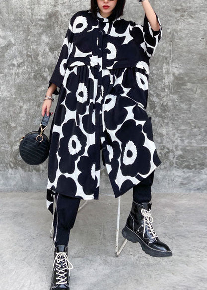 Black Wrinkled Asymmetrical Print Chiffon Dress Spring