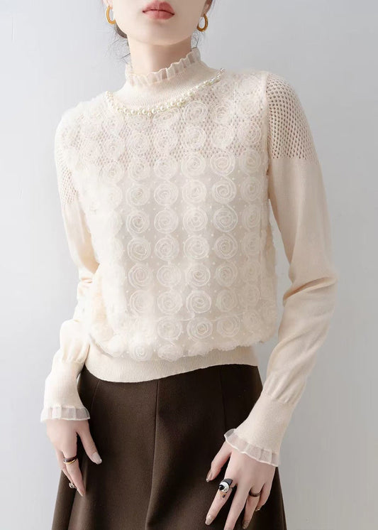 Art Apricot Decorated Nail Bead Knit Blouse Spring
