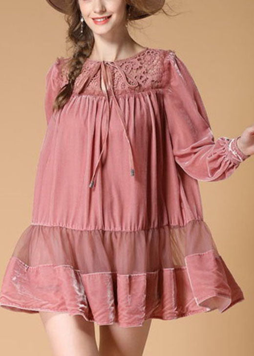 Handmade Pink Embroideried Patchwork Wrinkled Fall Long Sleeve Dress