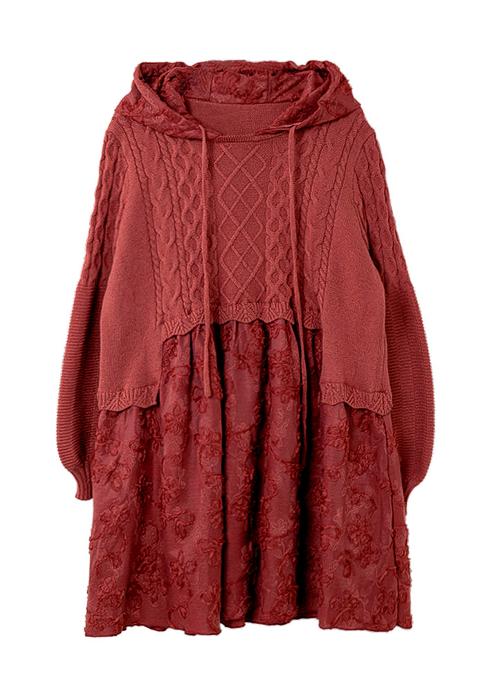 Unique Red Hooded Embroidered Patchwork Knit Dresses Spring